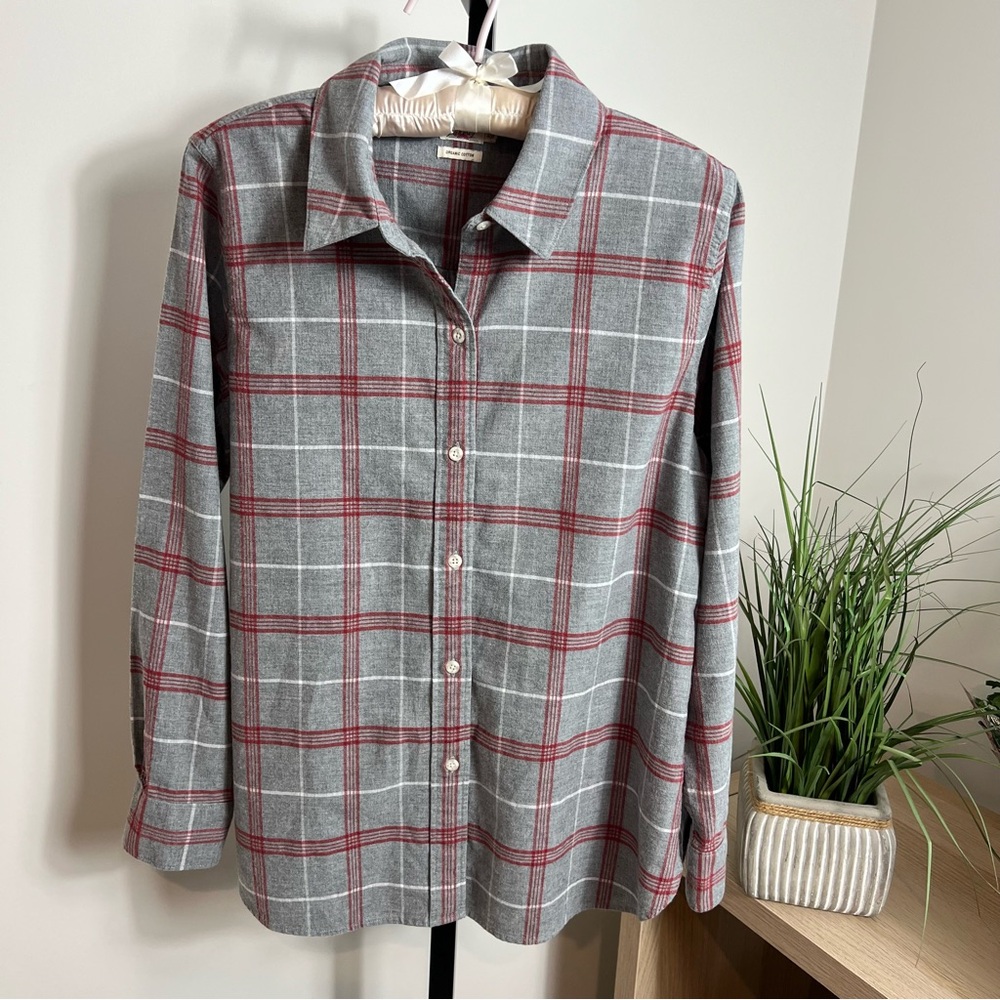 Faherty Classic Flannel Grey Red Juliet Plaid Organic Cotton Shirt M
